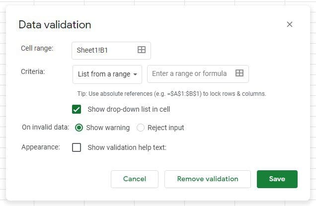 Pop-up data validation window