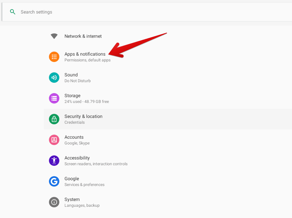 Selecting "Apps and notifications"
