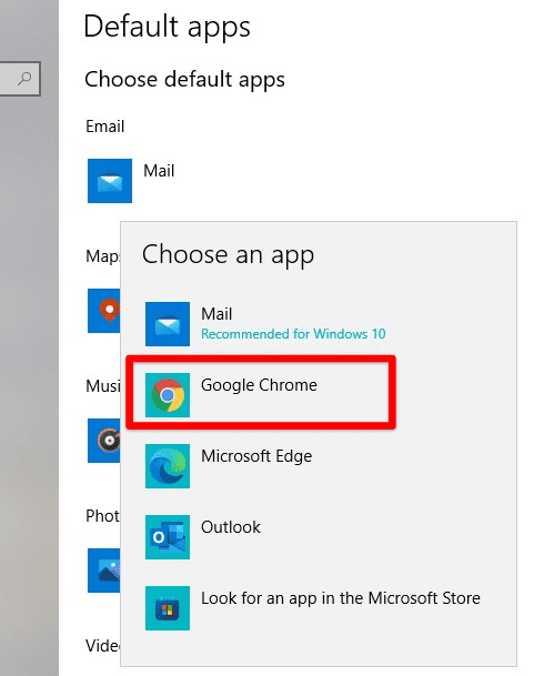 Selecting Google Chrome as default