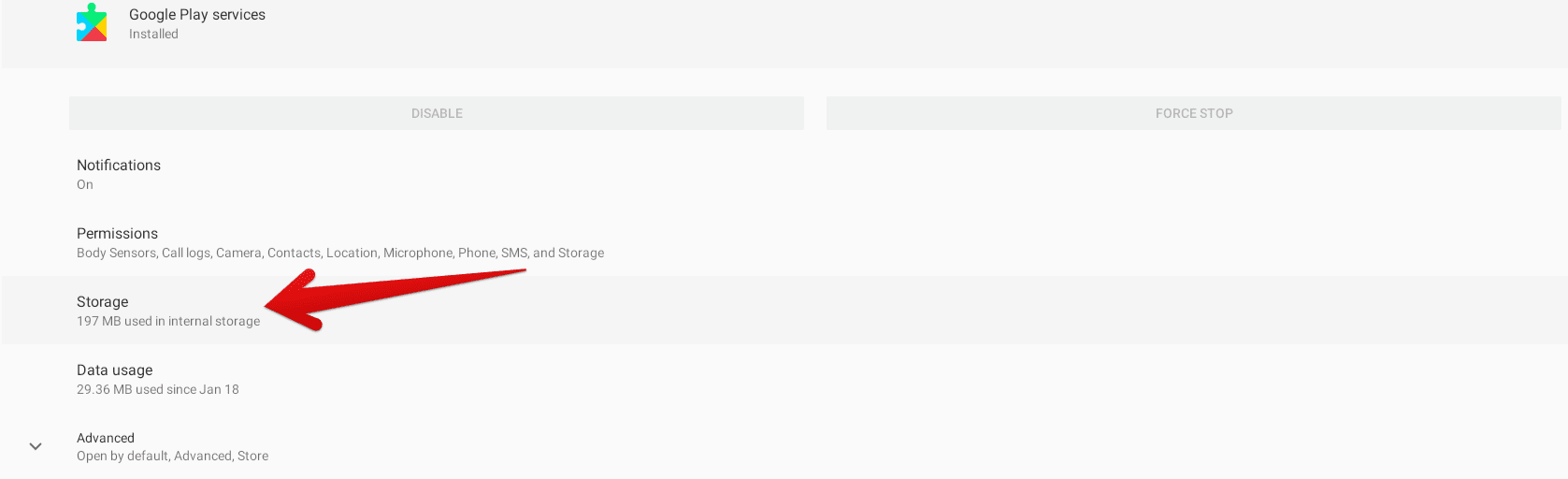 Selecting Google Play Services' "Storage"
