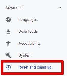 Selecting "Reset and clean up" from "Advanced" Chrome settings