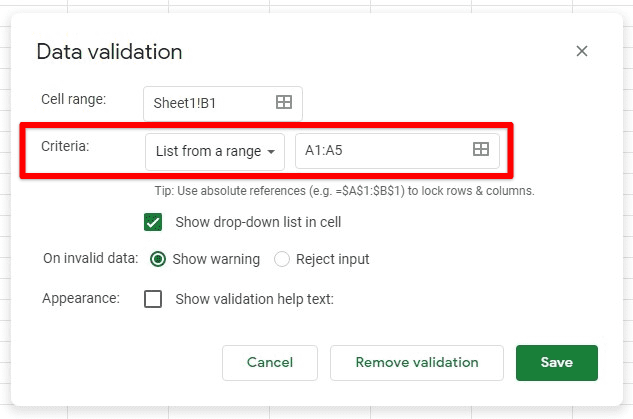 Setting list from a range as criteria