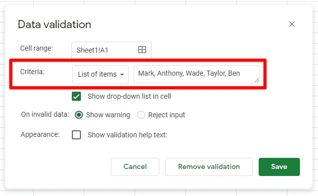 Setting list of items as criteria