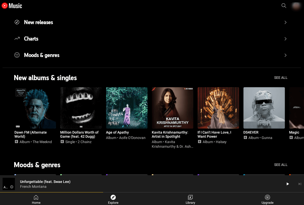 YouTube Music "Explore" section