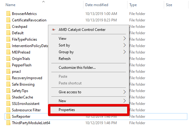 Accessing the properties of the "SWReporter" folder