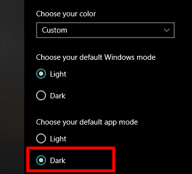 Changing the default app mode to dark
