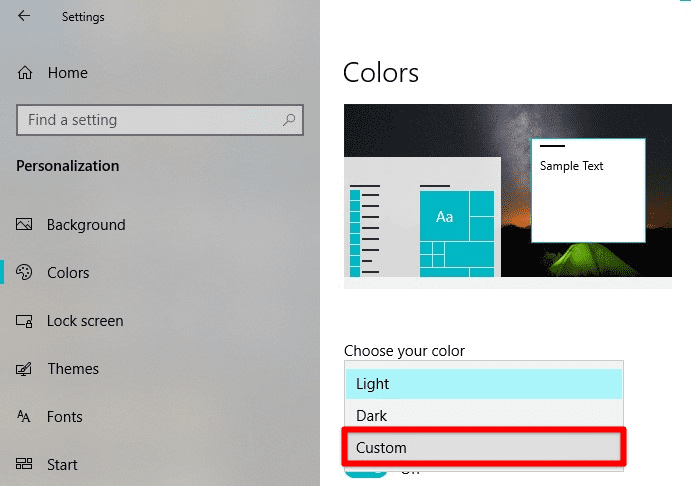 Choosing custom color settings