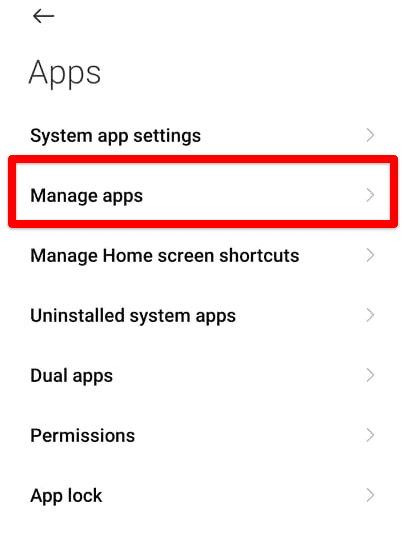 Clicking on "Manage apps"