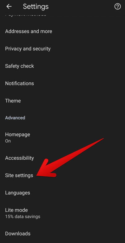Clicking on "Site settings"
