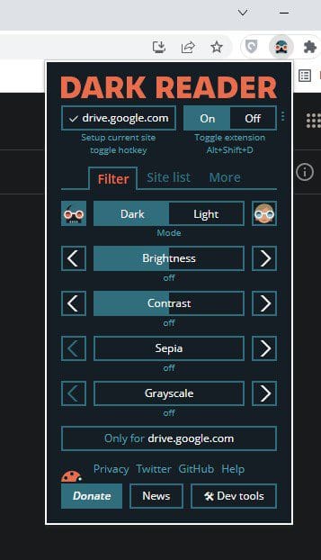 Dark reader extension menu
