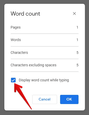 Displaying word count