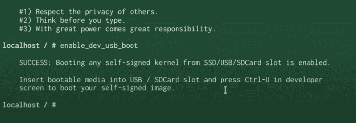 Entering the boot-enabling command in "crosh"