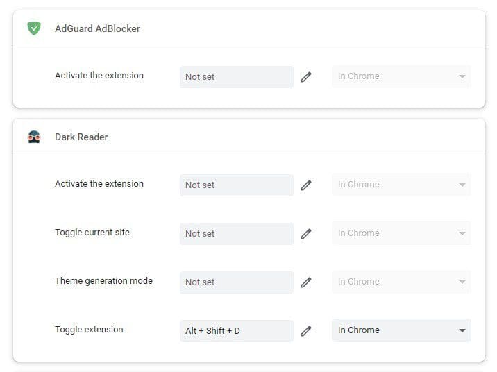 Extension shortcuts