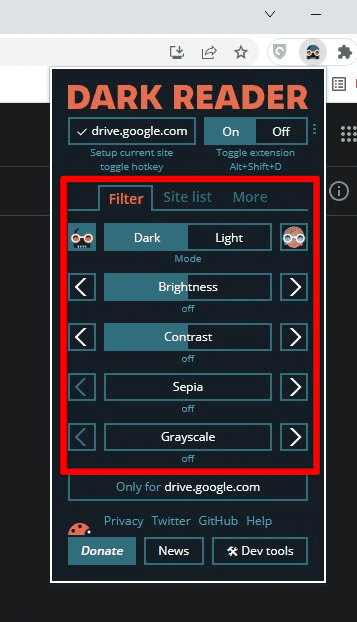 Filter settings