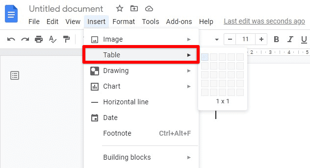 Inserting a 1x1 table