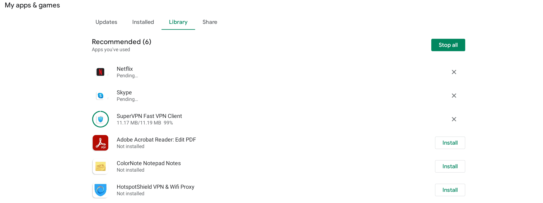 Pending downloads in Google Play