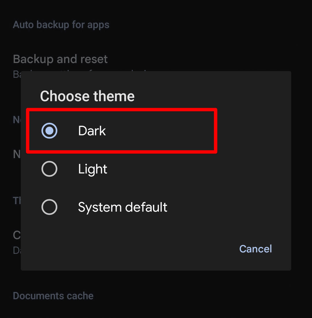 Selecting dark theme