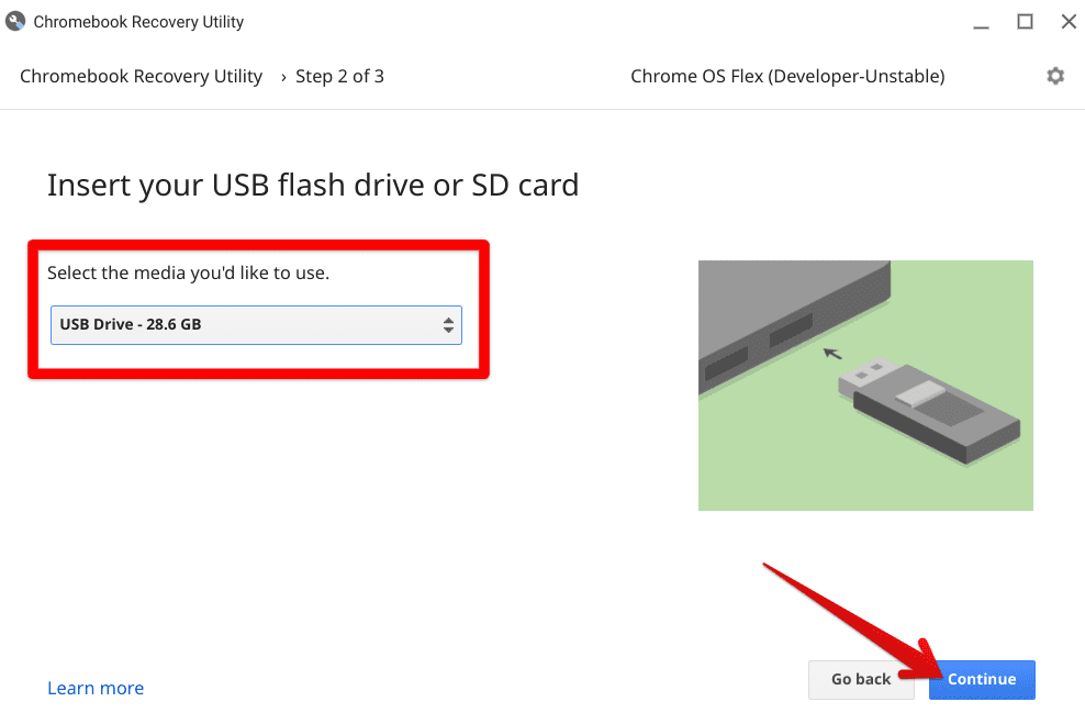 Selecting the USB drive