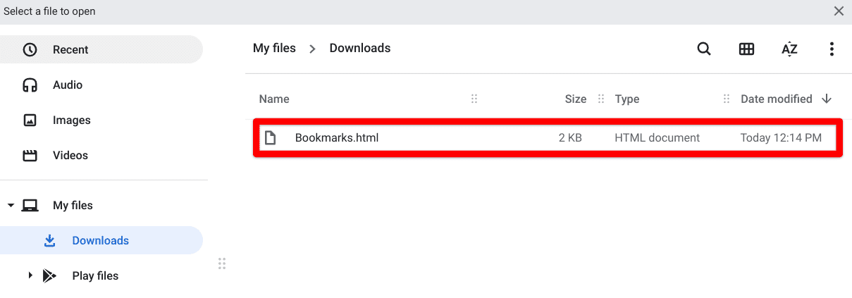 Selecting the exported bookmarks on Chrome OS