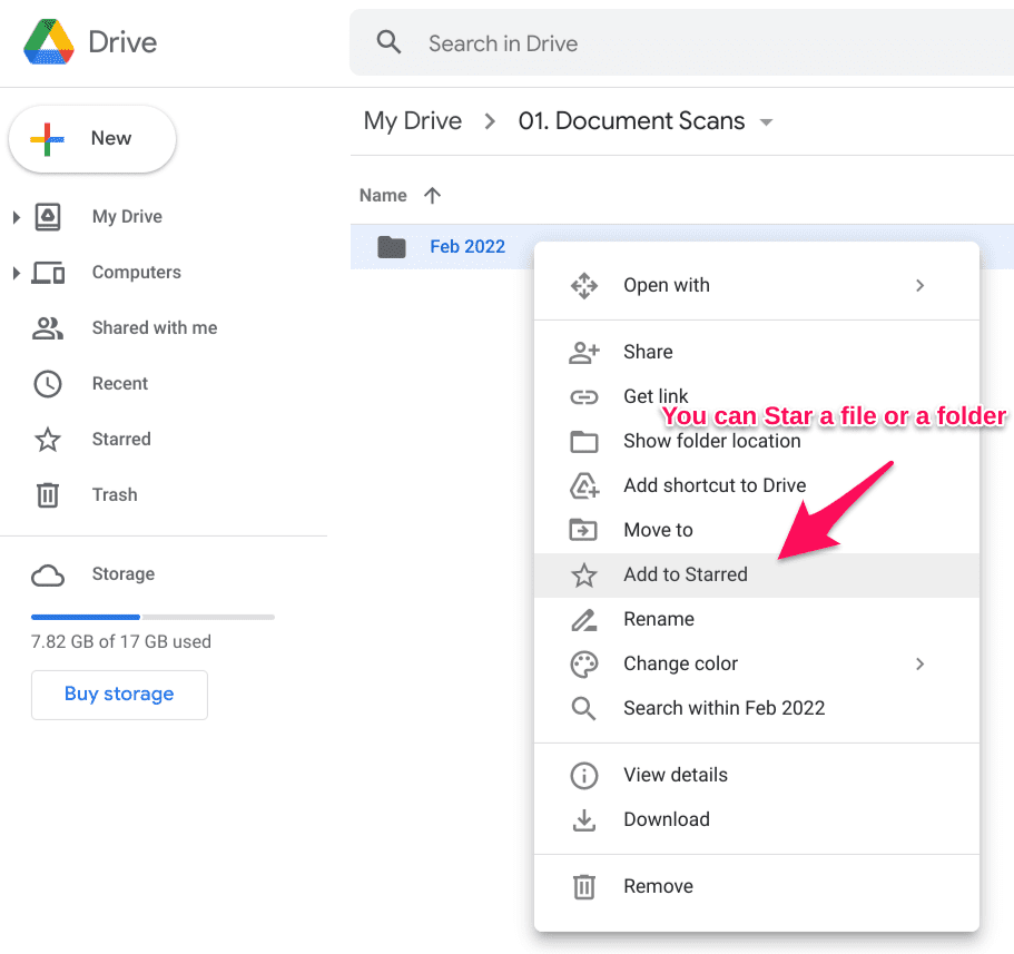 star files and folders on google drive