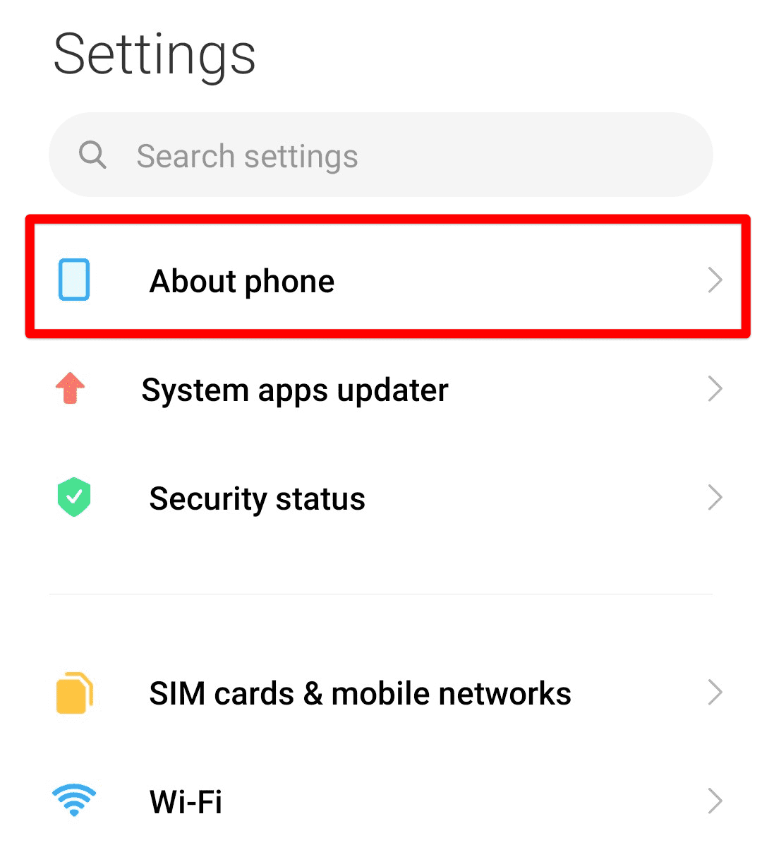 About Phone tab in settings