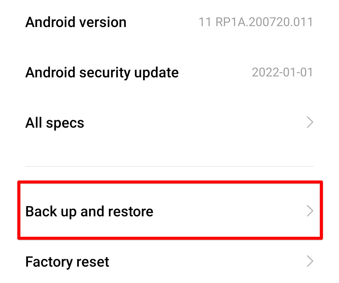 Back up and restore tab