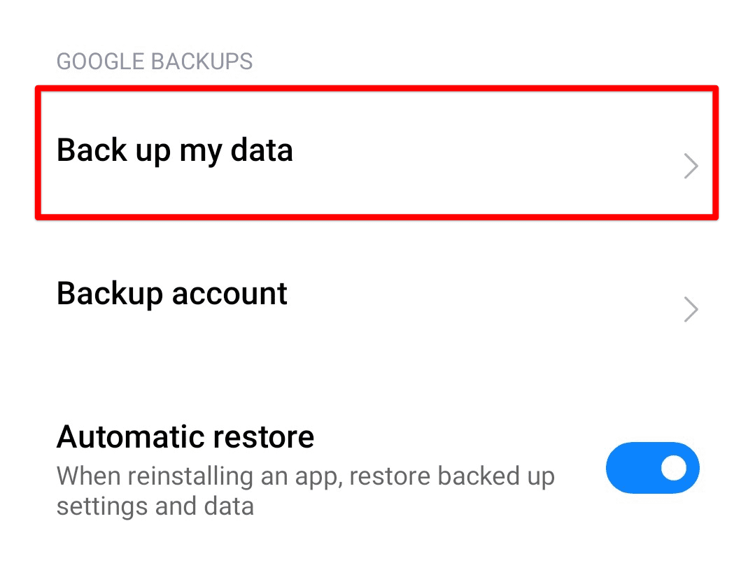Back up my data option