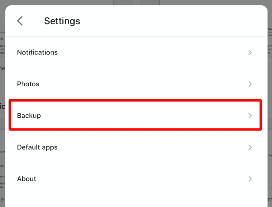 Backup tab in settings