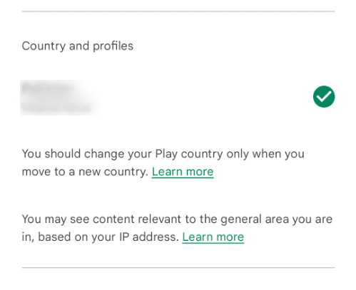 Country and profiles section in Play Store
