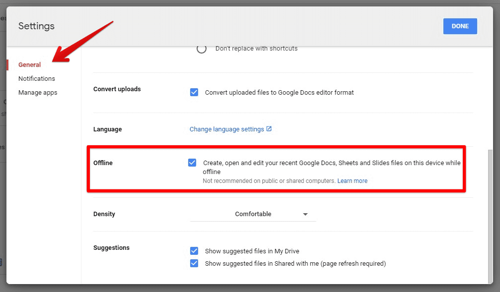 Enabling offline settings