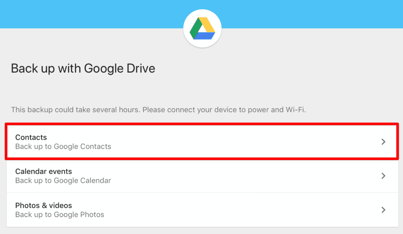 Google Drive backups page