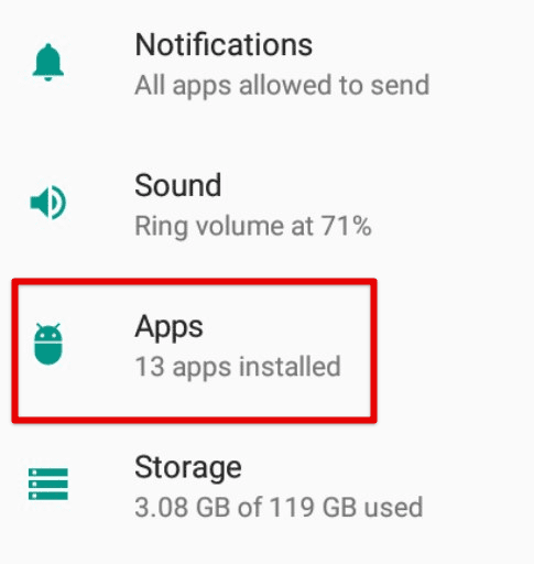 Apps tab in device settings