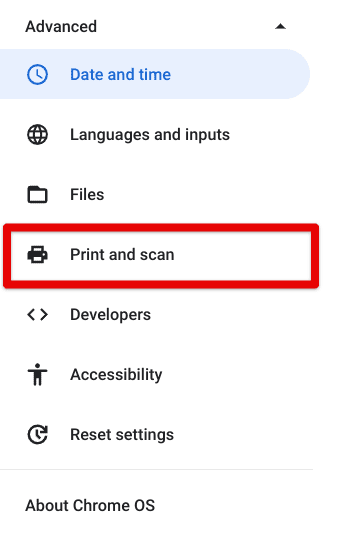 Clicking on "Print and scan"