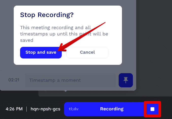 Clicking on "Stop and save"