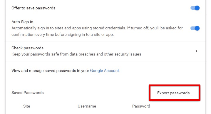 Export passwords