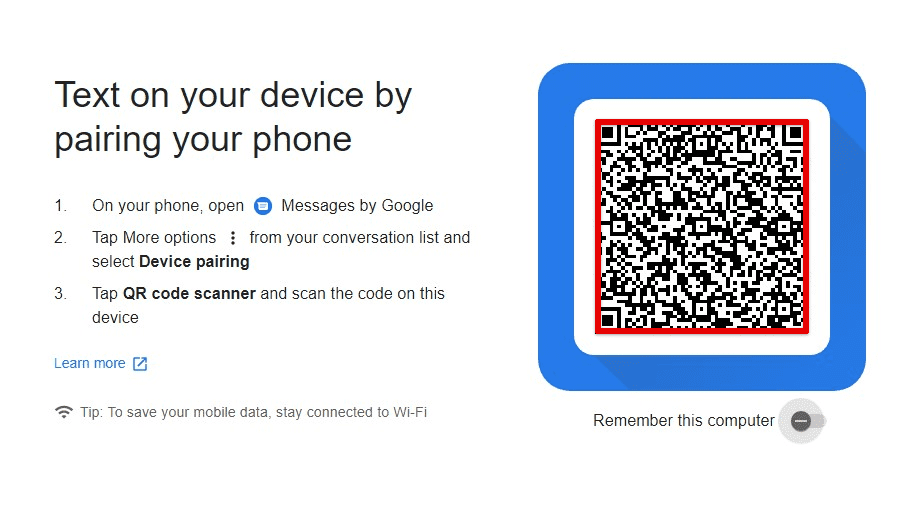 Google Messages QR code page