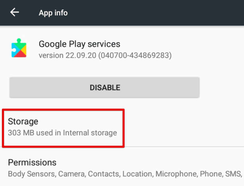 Google Play services storage