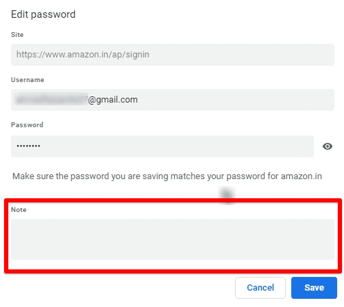 New note feature in Chrome's password manager