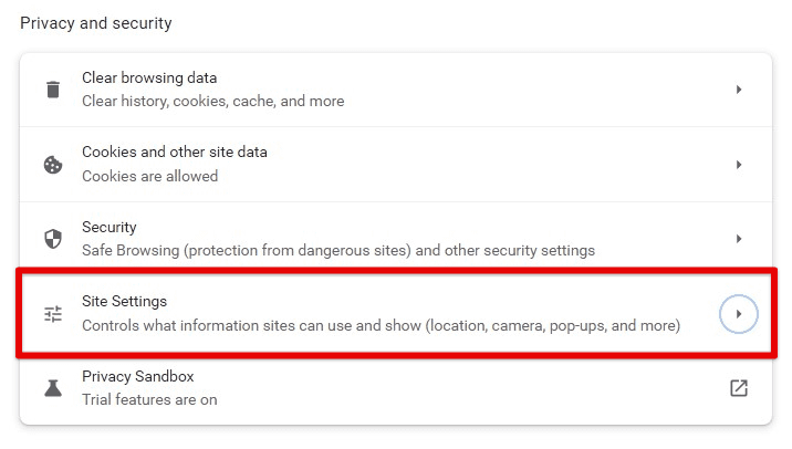 Opening site settings