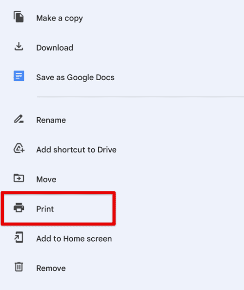 Print tab on mobile