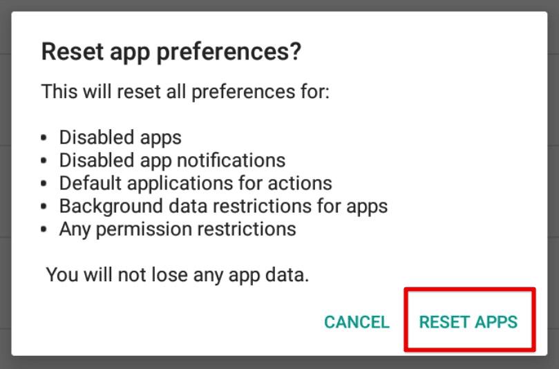 Reset apps button