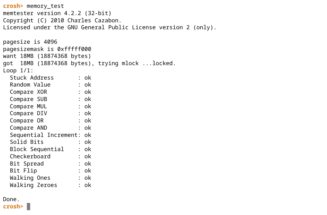 Running a memory test in Crosh