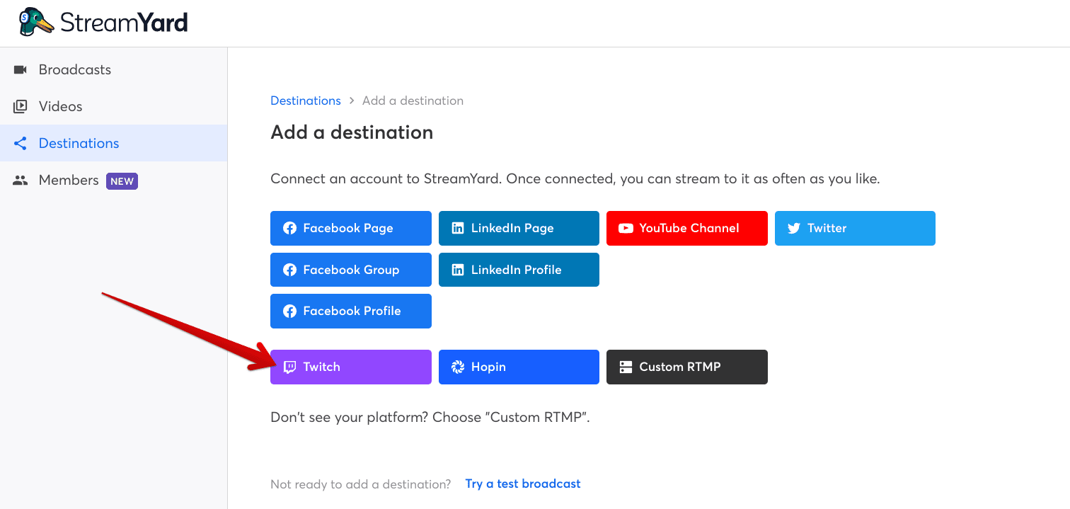 Selecting Twitch as the destination