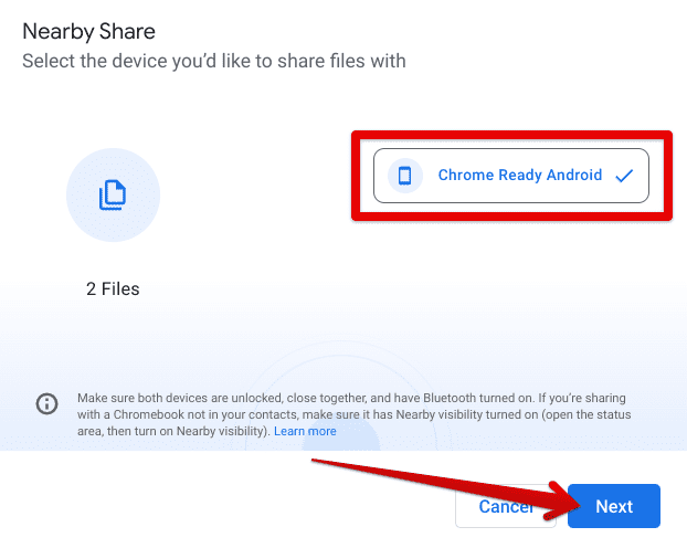 Selecting the device to share files with