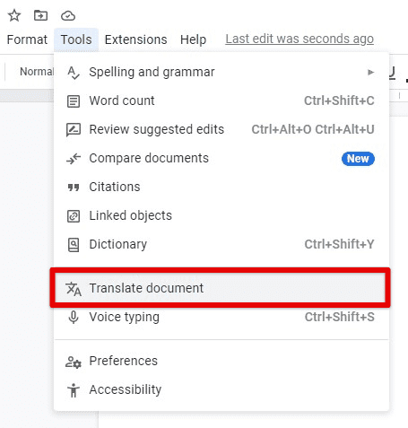 Translate document tab