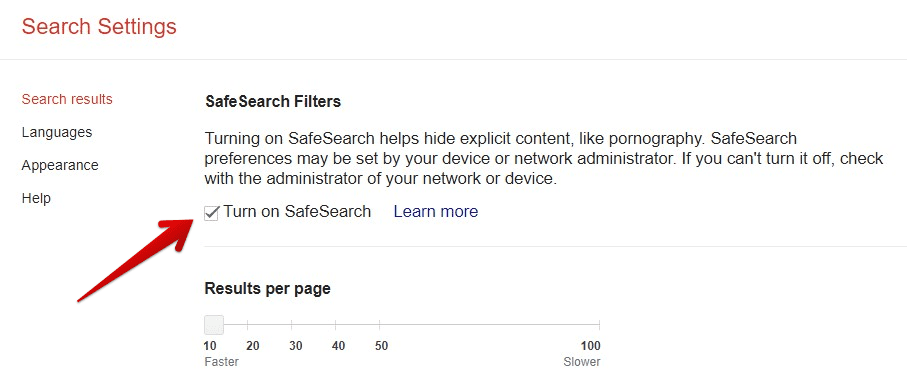 Turning on SafeSearch