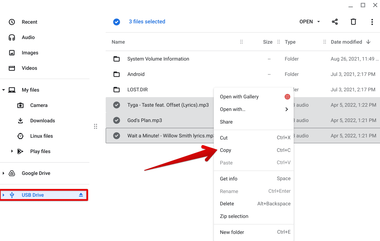 Copying the music files from the inserted USB