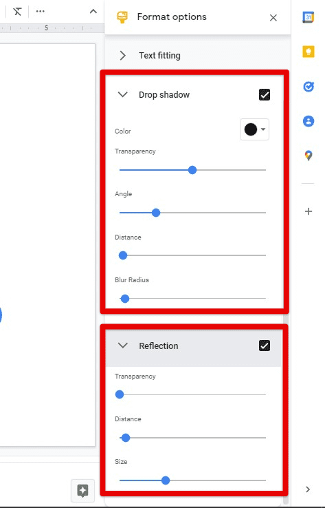 Drop shadow and Reflection tabs