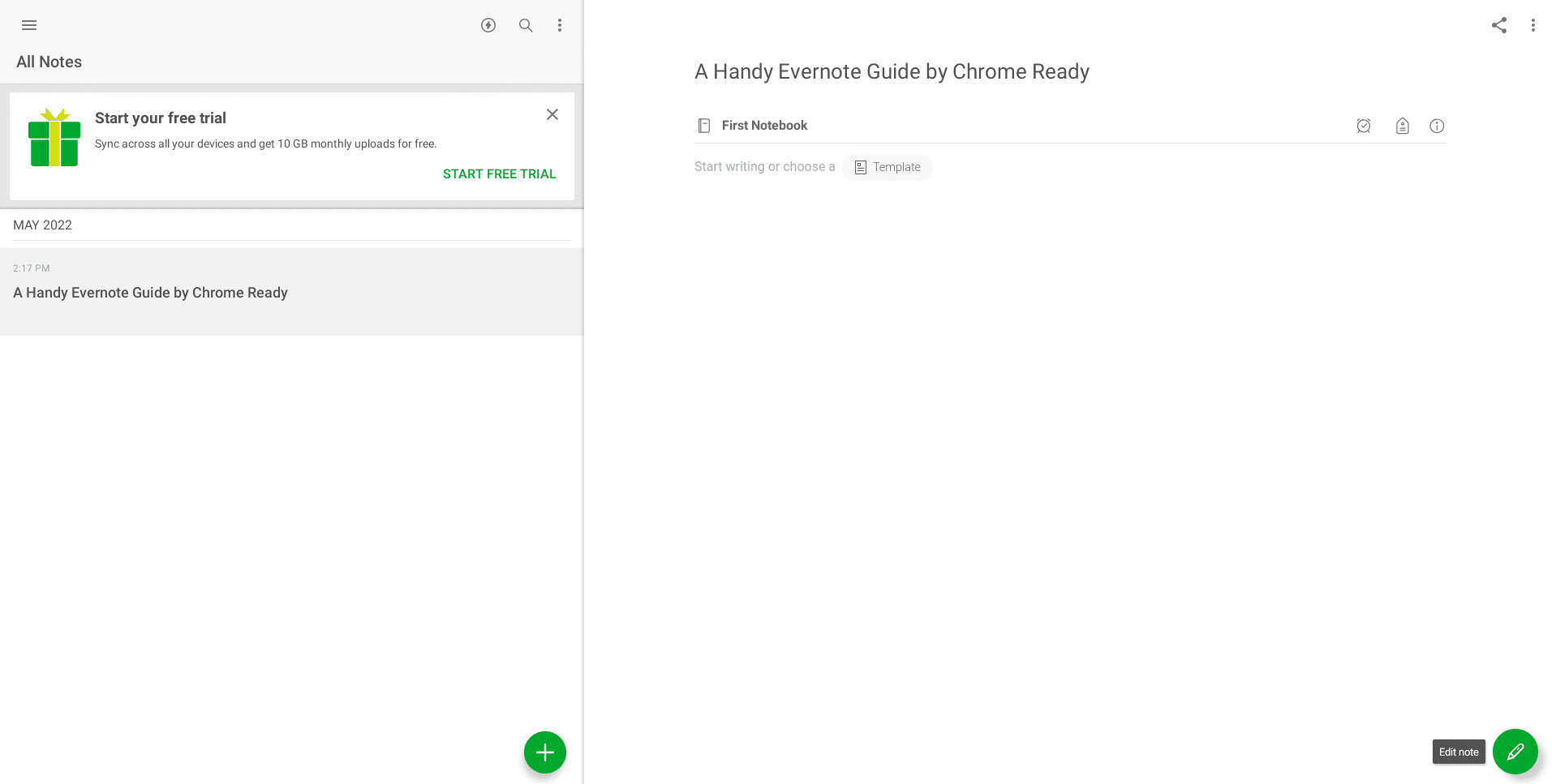 Evernote main interface