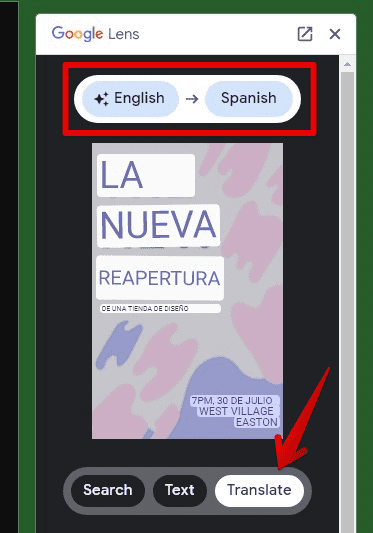 Google Lens translate option